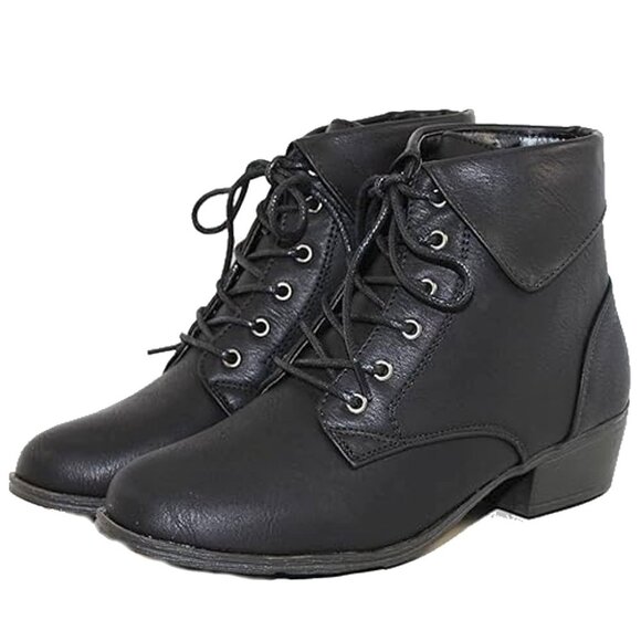 Top Moda Women's Foldover Lace Up Ankle Boots Low Block Heel Booties Derby Shoes - Picture 1 of 7